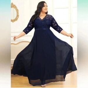 Miusol | Navy Floor Length Formal Floral Lace V-Neck Gown Dress Plus Size 4X